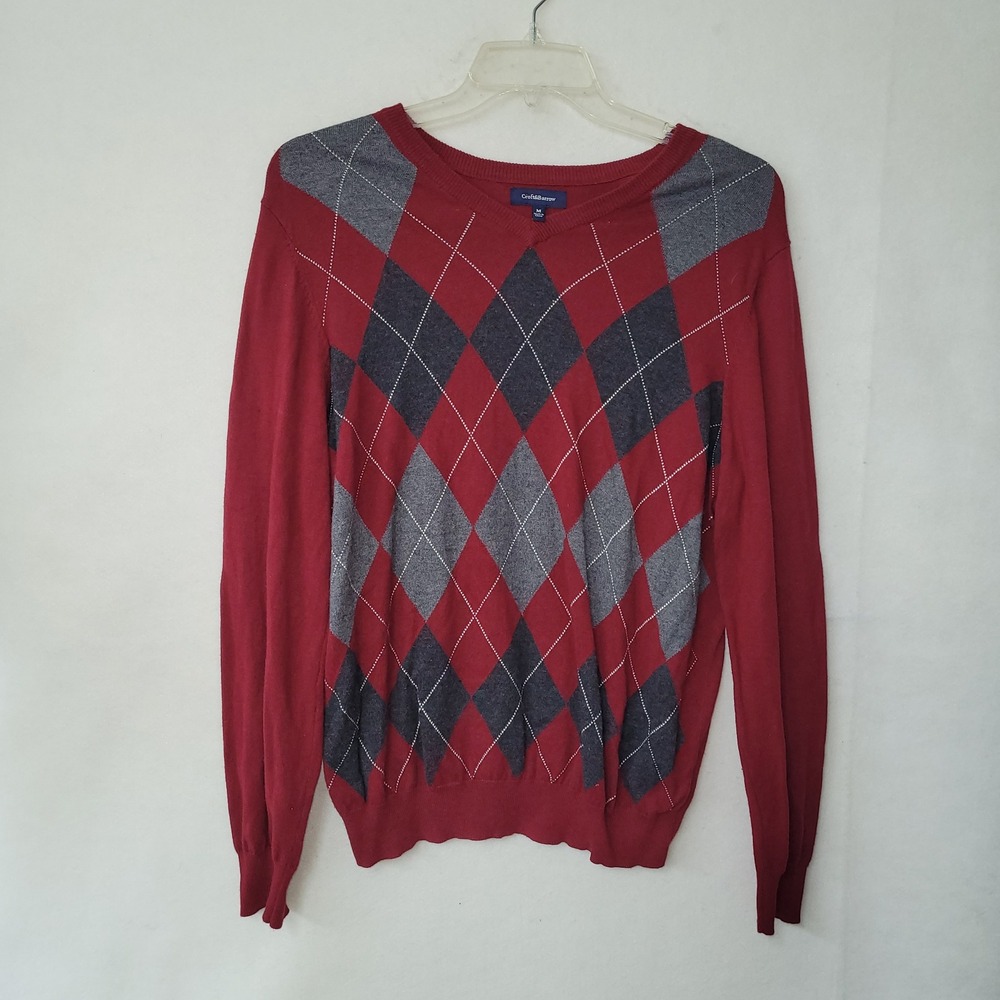 Croft & Barrow Mens Sweater Medium Argyle V Neck Red‎ Gray Knit Pullover Preppy